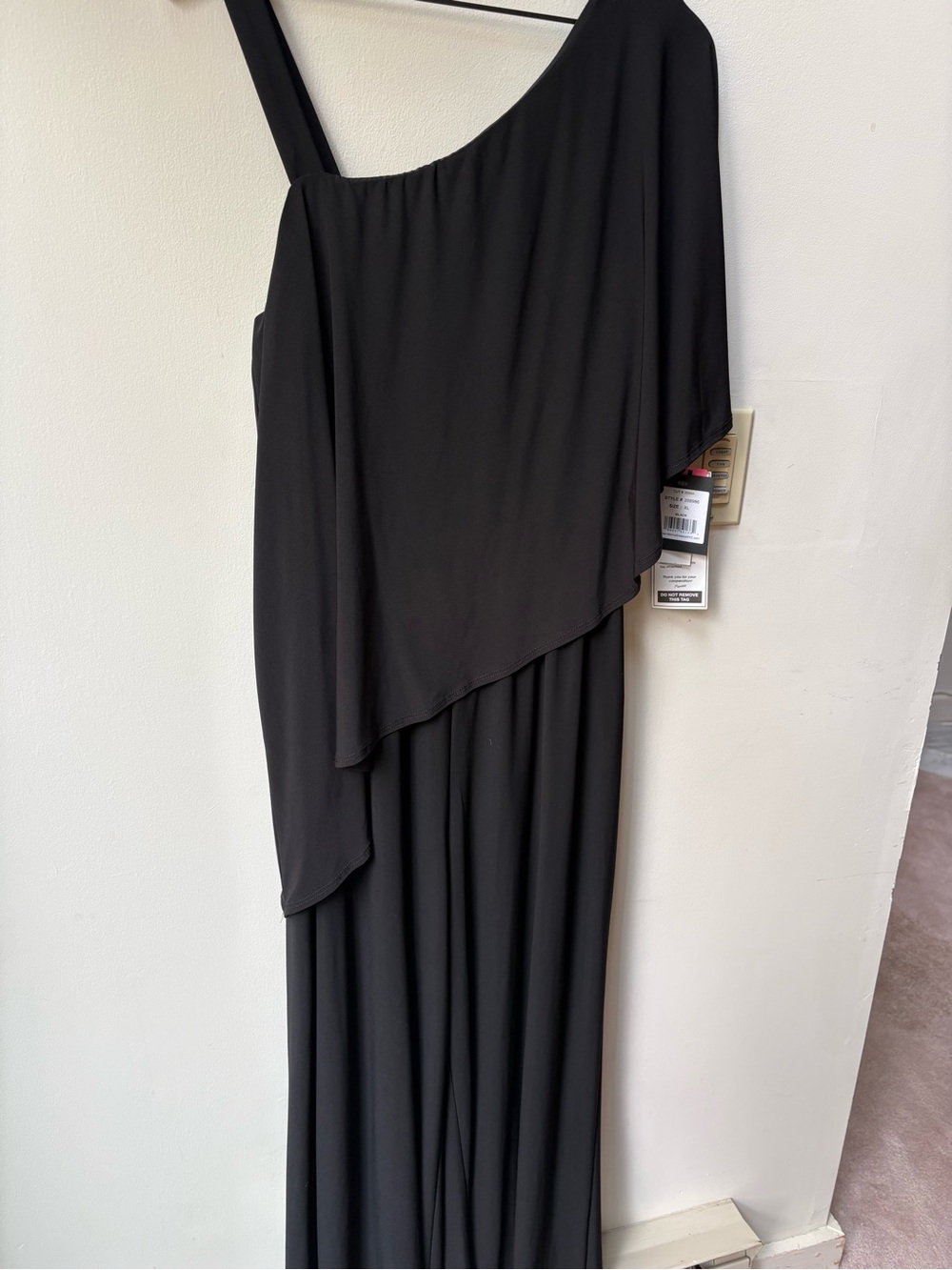 MARINA Black One-Shoulder Jumpsuit with Draped Overlay
